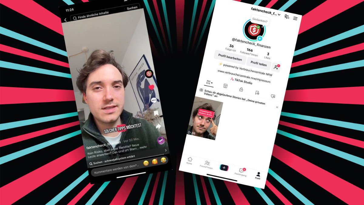 Zwei Screenshots: Video mit einem Mann, der in die Kamera spricht und TikTok-Kanal Faktencheck Finanzen