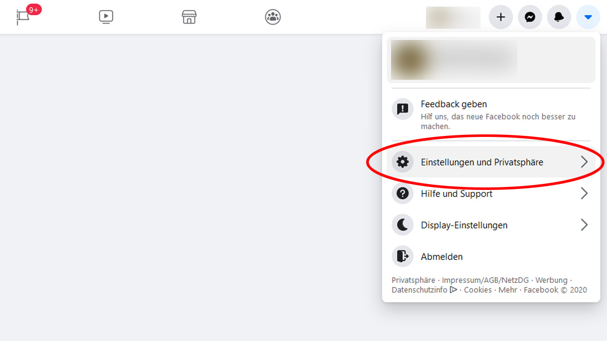 Screenshot Facebook-Menü mit markiertem Eintrag Einstellungen und Privatsphäre