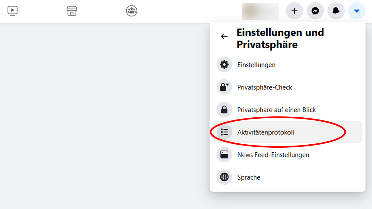 Screenshot Facebook-Menü mit markiertem Eintrag Aktivitätenprotokoll