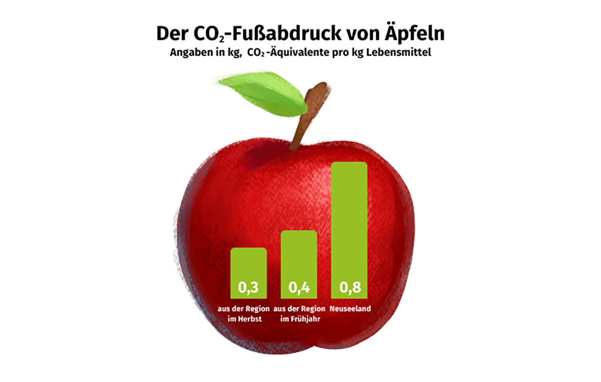 Bild eines Apfels mit Zahlen zum CO2-Fußabdruck von Äpfeln (Angaben in kg, CO"-Äquivalente pro kg Lebensmittel): aus der Region im Hernst 0,3 kg, aus der Region im Frühjahr 0,4kg, aus Neuseeland 0,8 kg.