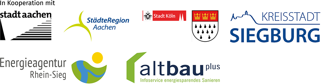 Logos der Kooperationspartner: Stadt Achen, StädteRegion Aachen, Stadt Köln, Kreisstadt Siegburg, Energieagentur Rhein-Sieg, altbau plus