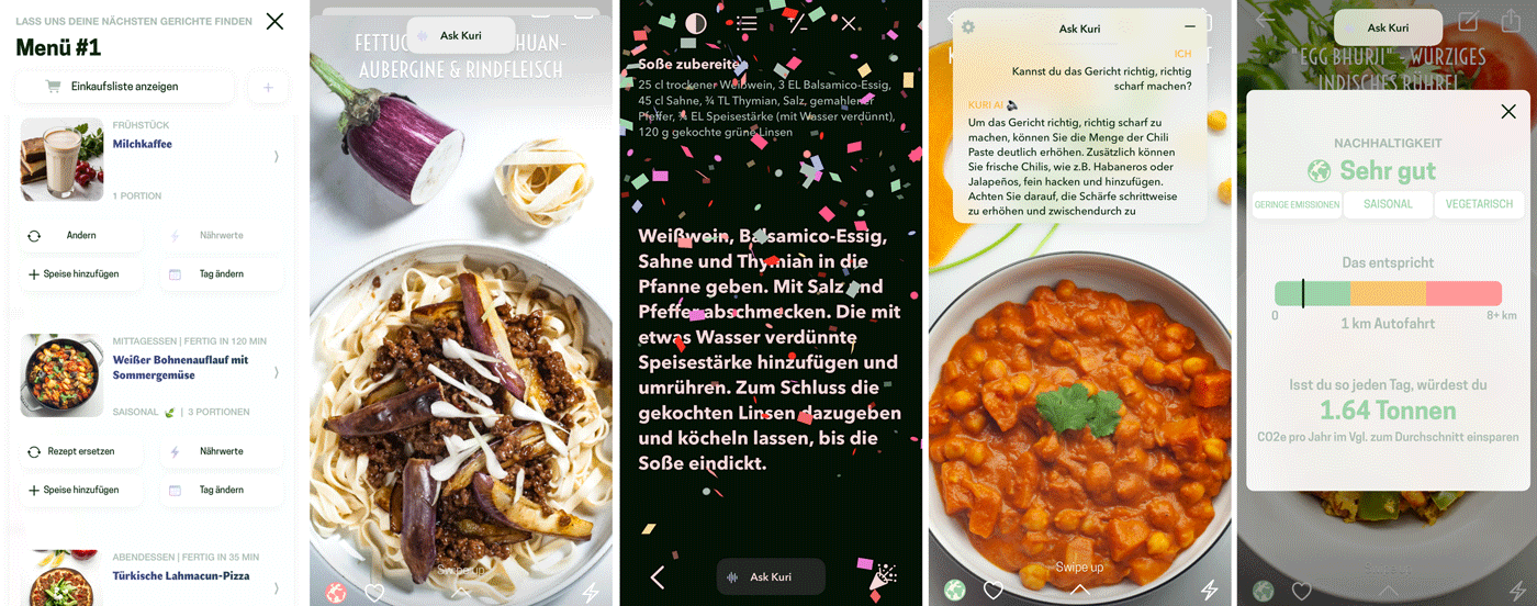 Screenshots verschiedener Funktionen der Rezepte-App KURI