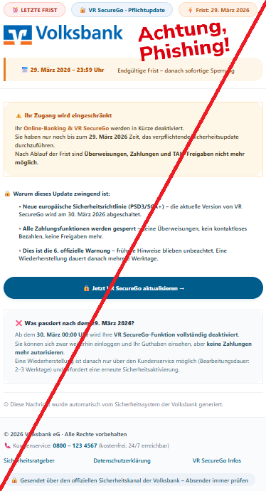 Screenshot einer Mail mit dem Logo der "Volksbank" und dem Text: "⏰ LETZTE FRIST 🔐 VR SecureGo · Pflichtupdate ⚡ Frist: 29. März 2026 📅 29. März 2026 – 23:59 Uhr Endgültige Frist – danach sofortige Sperrung ⚠️ Ihr Zugang wird eingeschränkt Ihr Online-Banking & VR SecureGo werden in Kürze deaktiviert. Sie haben nur noch bis zum 29. März 2026 Zeit, das verpflichtende Sicherheitsupdate durchzuführen. Nach Ablauf der Frist sind Überweisungen, Zahlungen und TAN-Freigaben nicht mehr möglich. 🔒 Warum dieses Update zwingend ist: • Neue europäische Sicherheitsrichtlinie (PSD3/SCA+) – die aktuelle Version von VR SecureGo wird am 30. März 2026 abgeschaltet. • Alle Zahlungsfunktionen werden gesperrt – keine Überweisungen, kein kontaktloses Bezahlen, keine Freigaben mehr. • Dies ist die 6. offizielle Warnung – frühere Hinweise blieben unbeachtet. Eine Wiederherstellung dauert danach mehrere Werktage. 🔒 Jetzt VR SecureGo aktualisieren → ❌ Was passiert nach dem 29. März 2026? Ab dem 30. März 00:00 Uhr wird Ihre VR SecureGo-Funktion vollständig deaktiviert. Sie können sich zwar weiterhin einloggen und Ihr Guthaben einsehen, aber keine Zahlungen mehr autorisieren. Eine Wiederherstellung ist danach nur über den Kundenservice möglich (Bearbeitungsdauer: 2–3 Werktage) und erfordert eine erneute Sicherheitsaktivierung. ⓘ Diese Nachricht wurde automatisch vom Sicherheitssystem der Volksbank generiert. © 2026 Volksbank eG · Alle Rechte vorbehalten 📞 Kundenservice: 0800 – 123 4567 (kostenfrei, 24/7 erreichbar) Sicherheitsratgeber Datenschutzerklärung VR SecureGo Infos 🔒 Gesendet über den offiziellen Sicherheitskanal der Volksbank – Absender immer prüfen".