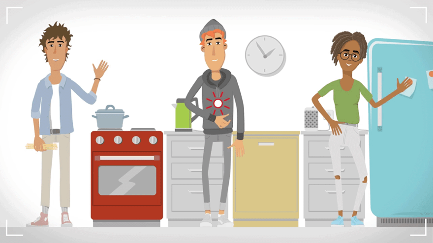 Screenshot aus einem Animationsvideo zum Stromsparen, auf dem drei WG-Bewohner:innen in ihrer Küche zu sehen sind