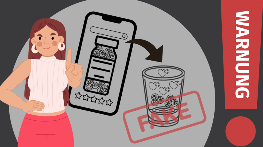 Illustration einer Frau mit erhobenem Zeigefinger neben einem Smartphone, das ein Medikamentenbehälter zeigt. Ein Pfeil führt vom Bildschirm zu einem Glas mit ähnlichen Pillen, das mit dem roten Stempel "FAKE" markiert ist. Auf der rechten Seite steht in einem roten Balken das Wort "WARNUNG". 