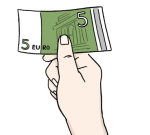 Grafik eines Fünf-Euro-Geldscheins, der von einer ausgestreckten Hand gehalten wird